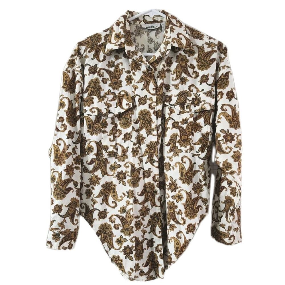Vintage 90s White Gold Paisley Long Sleeve Button-up Shirt 90s Cristina S Y2K